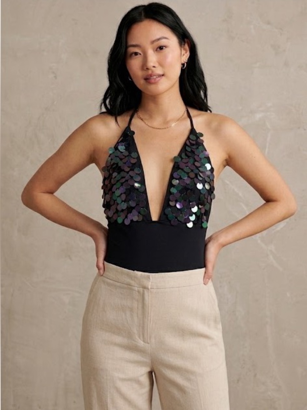 Forever 21 Limited Edition Black Sequin Halter Deep V-Neck Bodysuit Small NWT